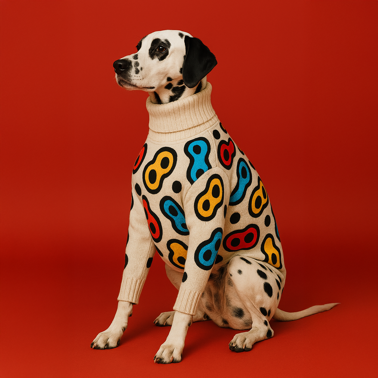 Dalmatian wearing a cream knitted dog sweater with bold red, blue, and yellow abstract spots on a red background.